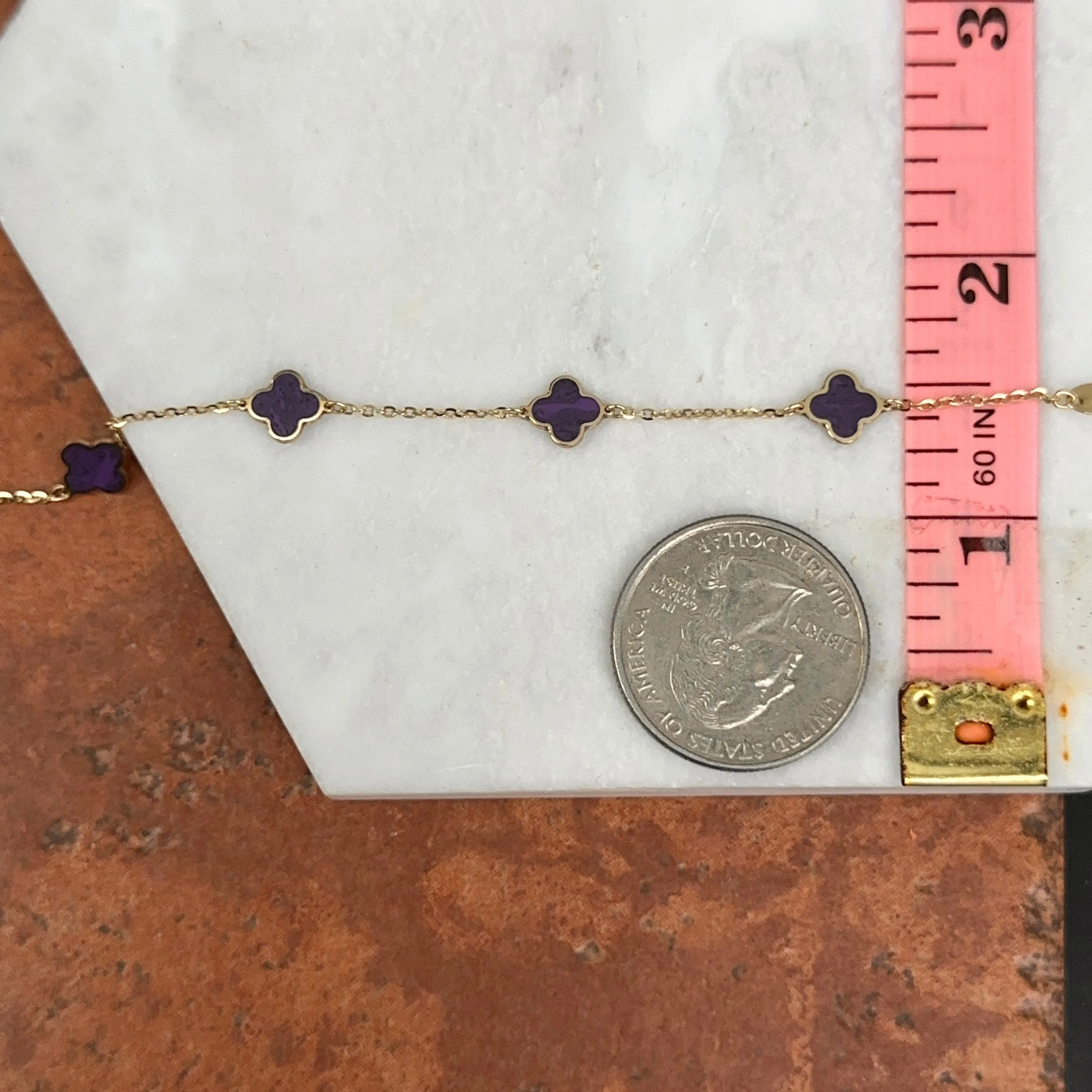 14KT Yellow Gold 7mm Purple Amethyst Clover Station Chain Bracelet
