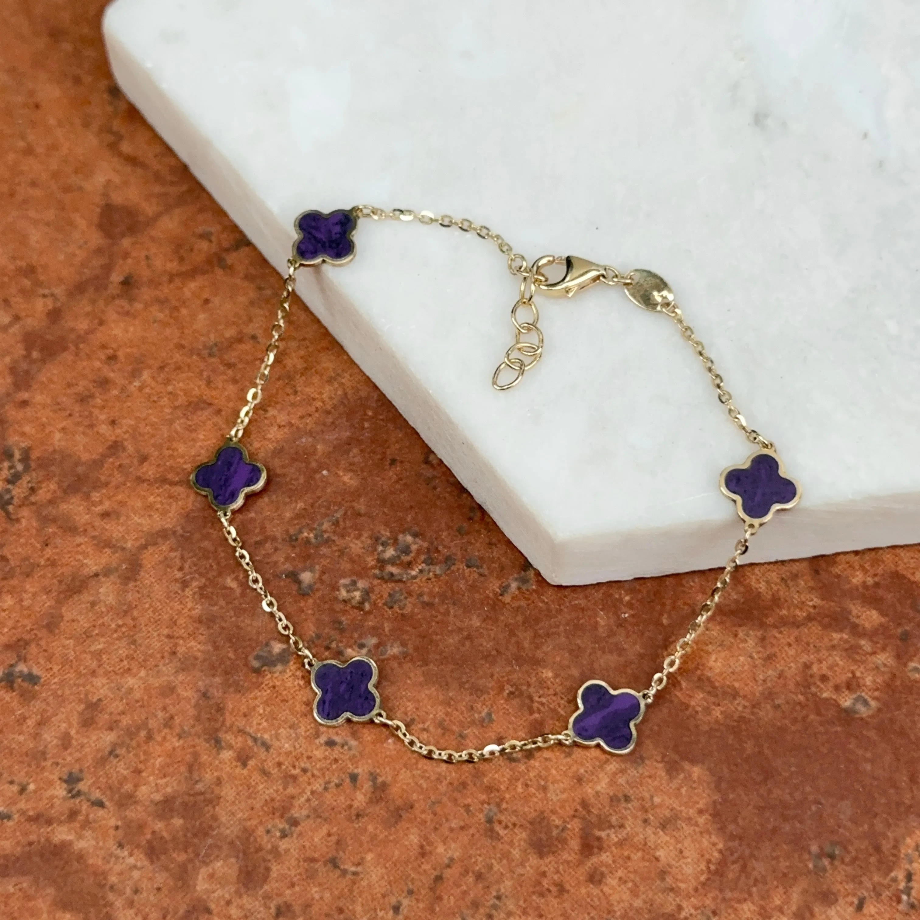 14KT Yellow Gold 7mm Purple Amethyst Clover Station Chain Bracelet