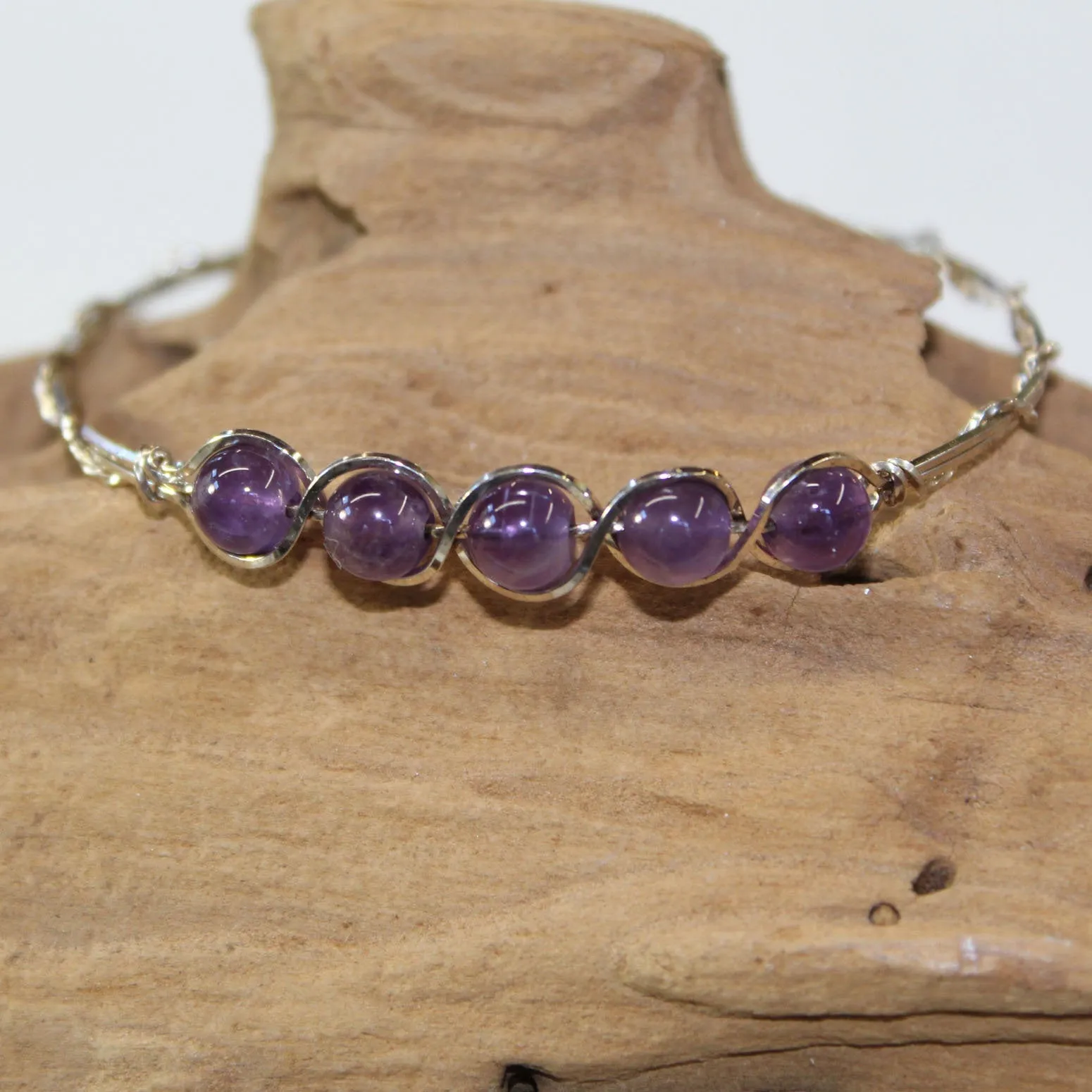 5-Bead Outline Amethyst Beads Sterling Silver Wire Wrapped Bracelet