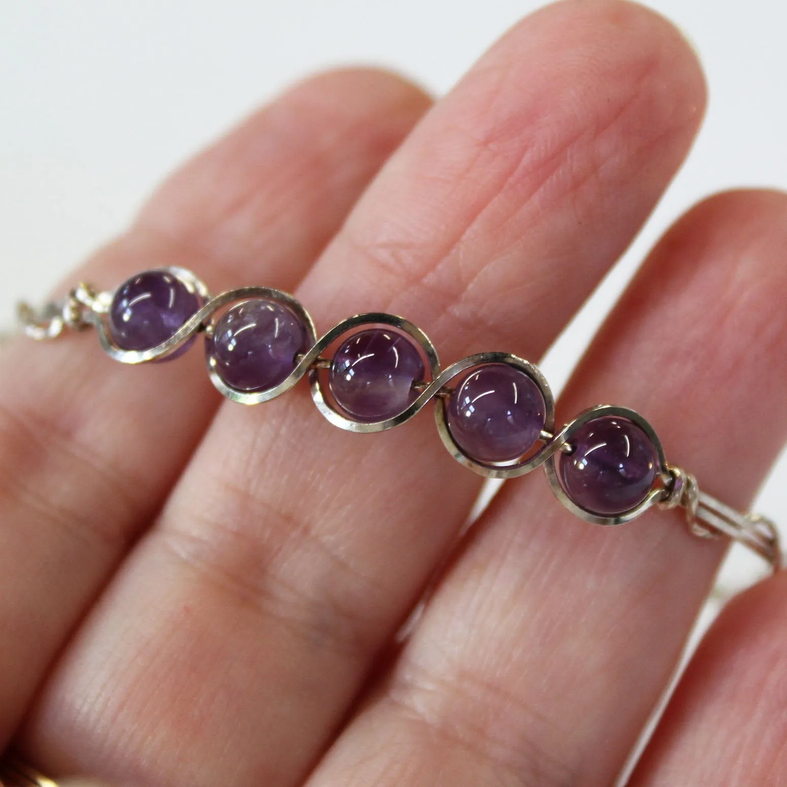 5-Bead Outline Amethyst Beads Sterling Silver Wire Wrapped Bracelet