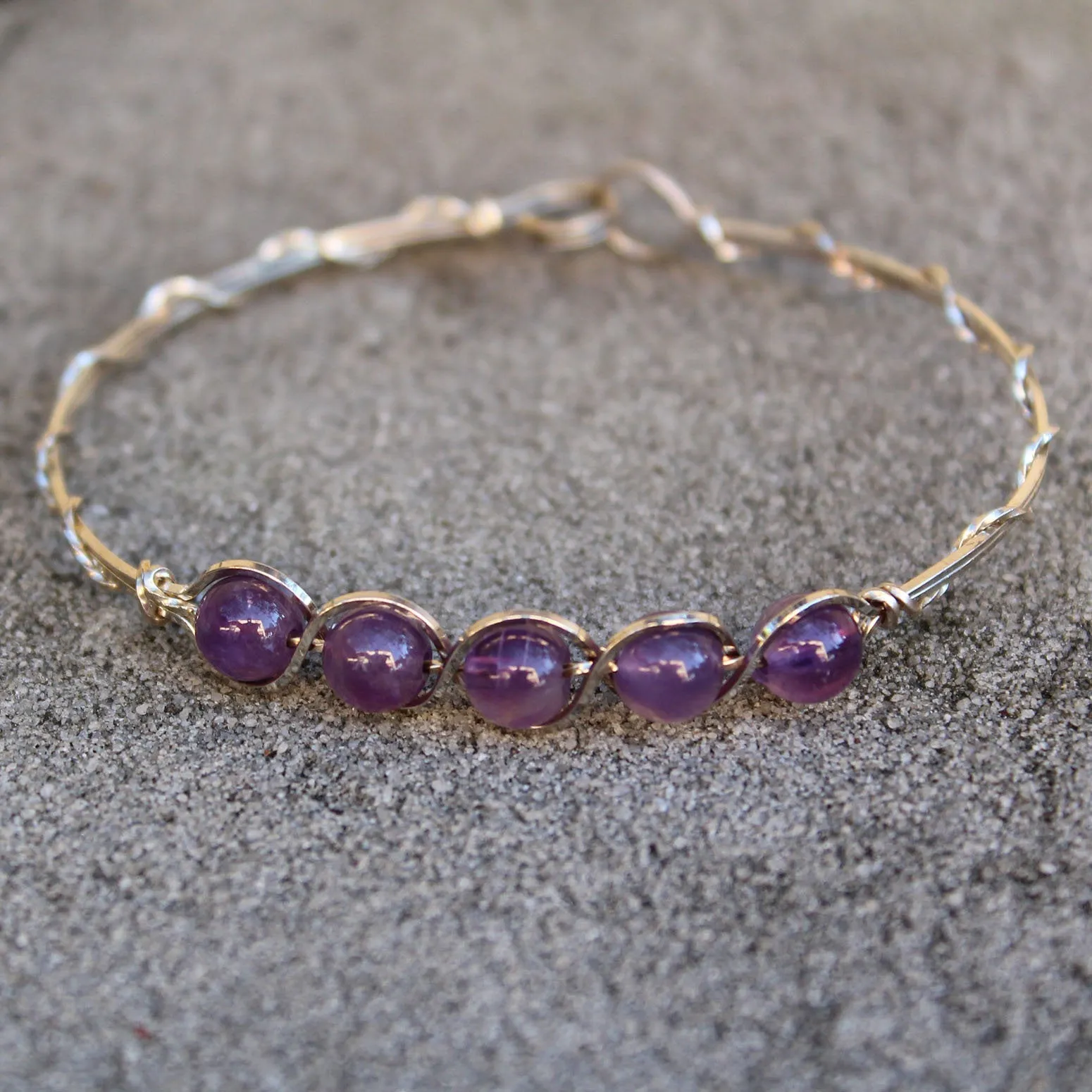 5-Bead Outline Amethyst Beads Sterling Silver Wire Wrapped Bracelet