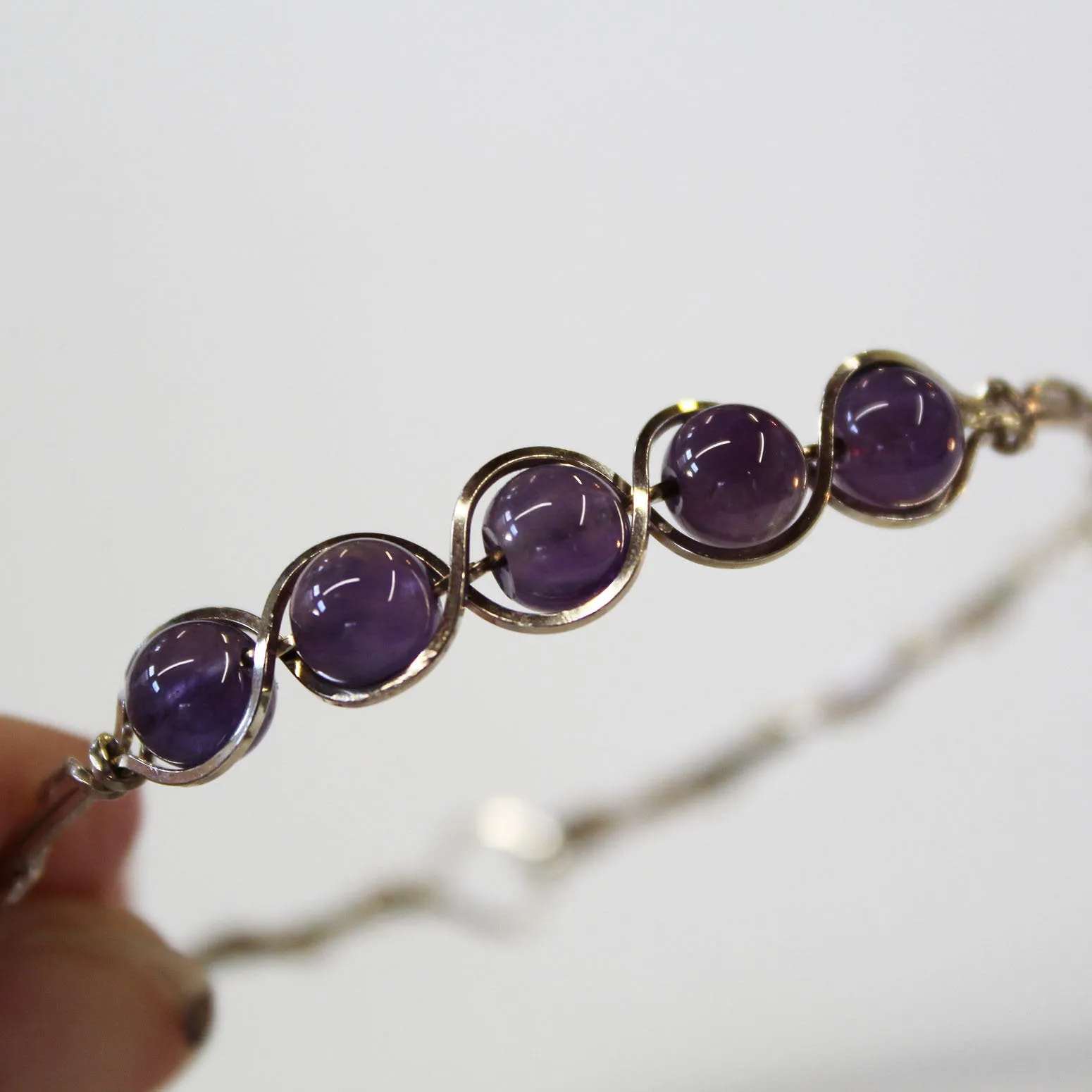 5-Bead Outline Amethyst Beads Sterling Silver Wire Wrapped Bracelet