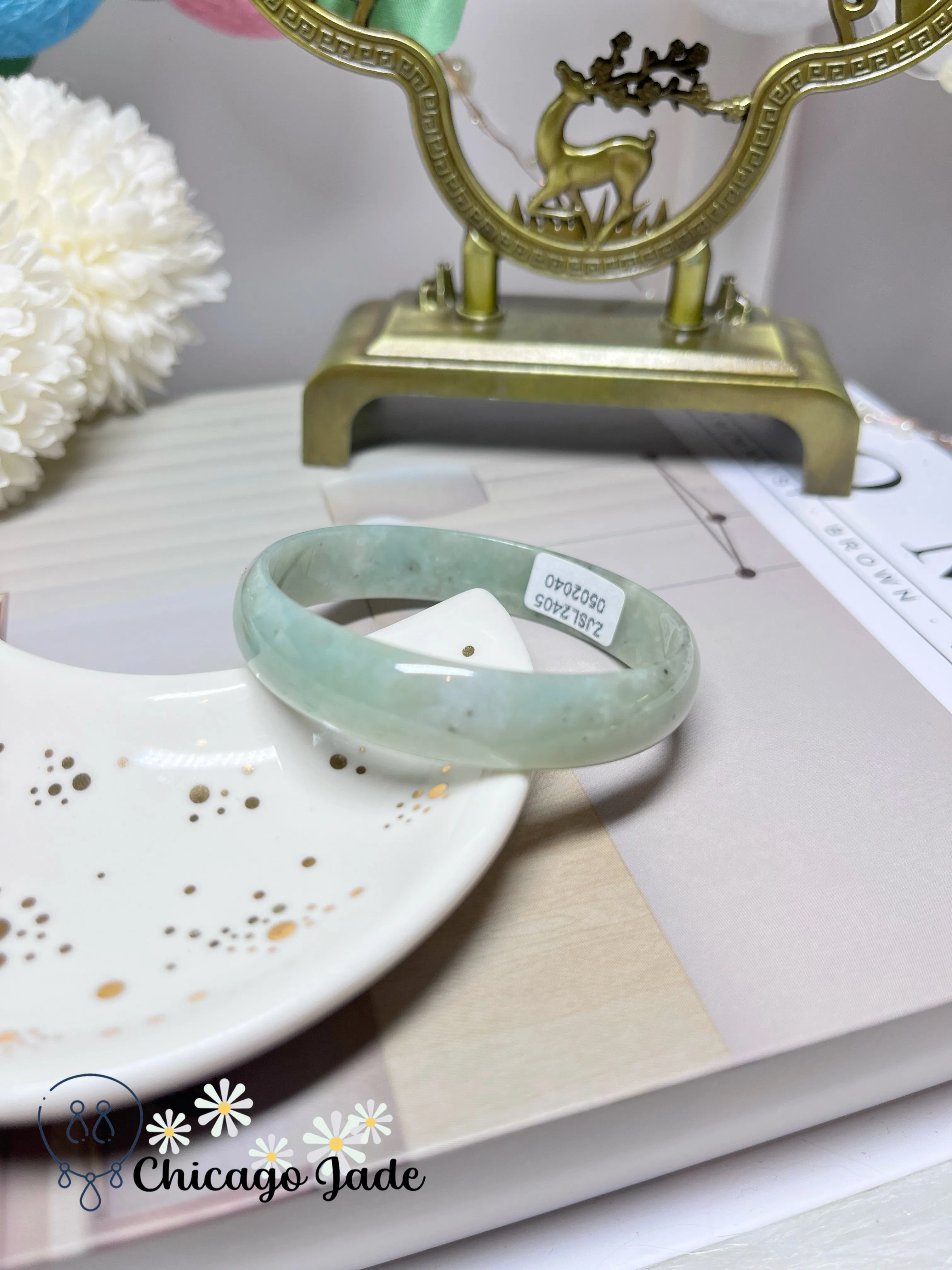 51.1mm Size XXS Icy Green Full Green Dainty Flat Inside Jadeite Jade Feicui Bangle Bracelet Handmade Gift