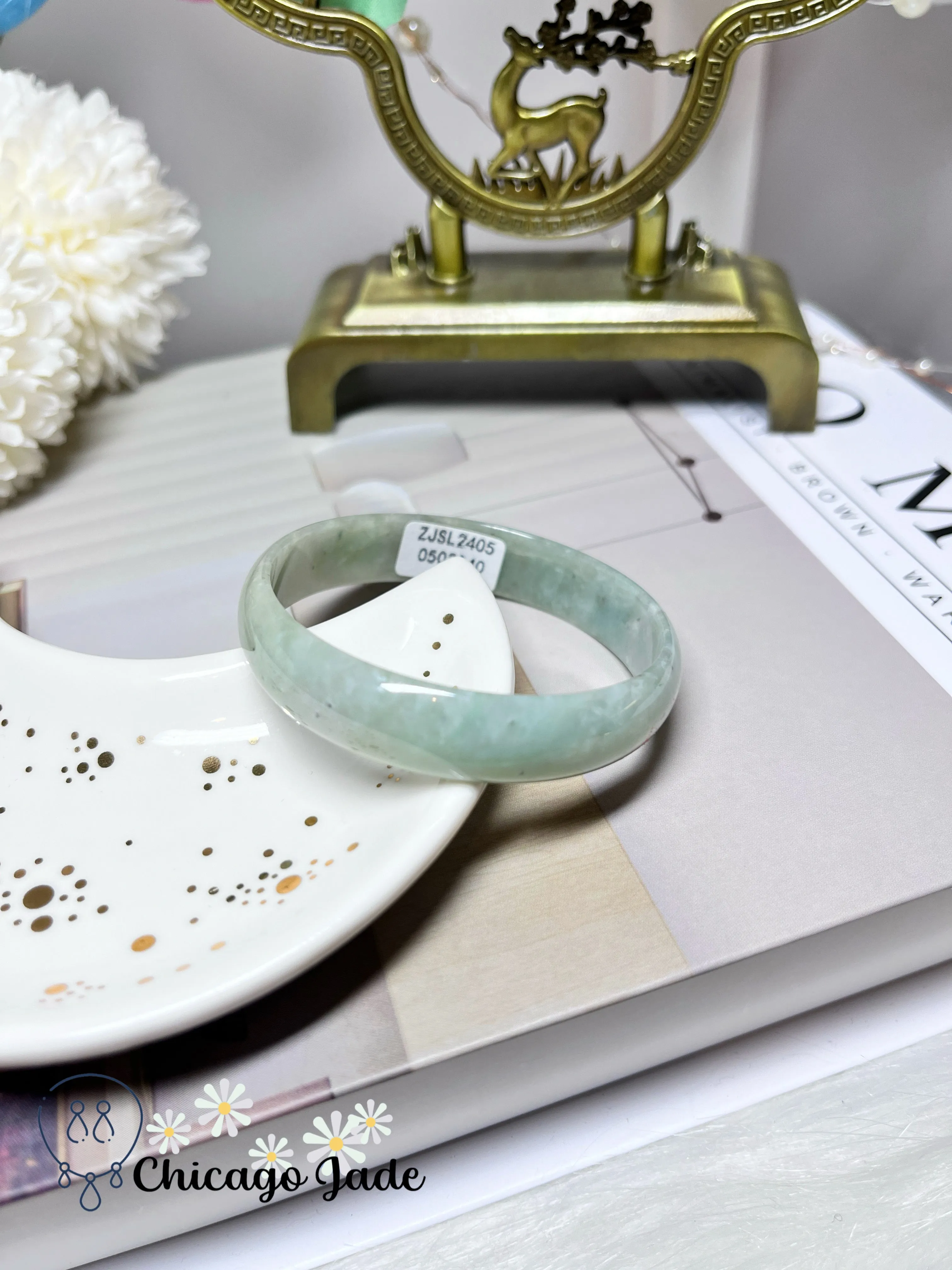 51.1mm Size XXS Icy Green Full Green Dainty Flat Inside Jadeite Jade Feicui Bangle Bracelet Handmade Gift