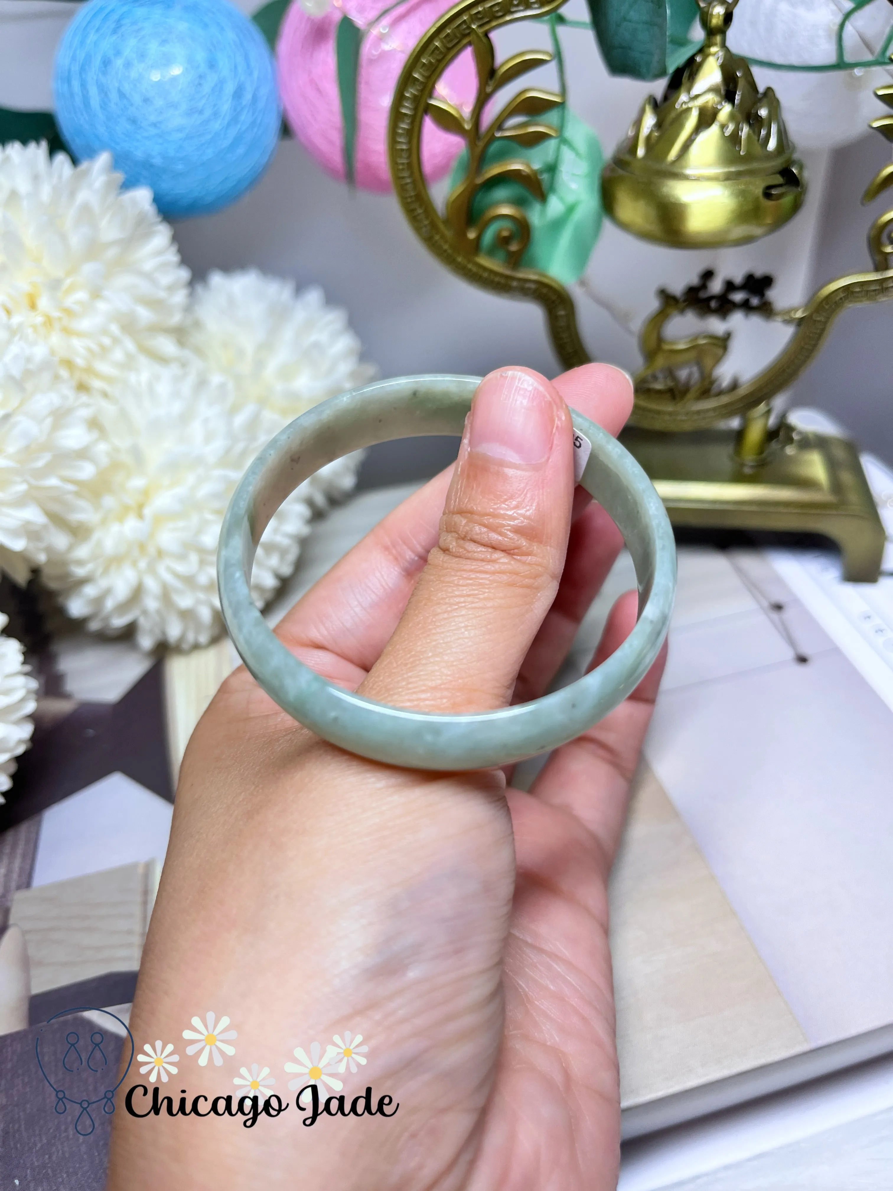 51.1mm Size XXS Icy Green Full Green Dainty Flat Inside Jadeite Jade Feicui Bangle Bracelet Handmade Gift