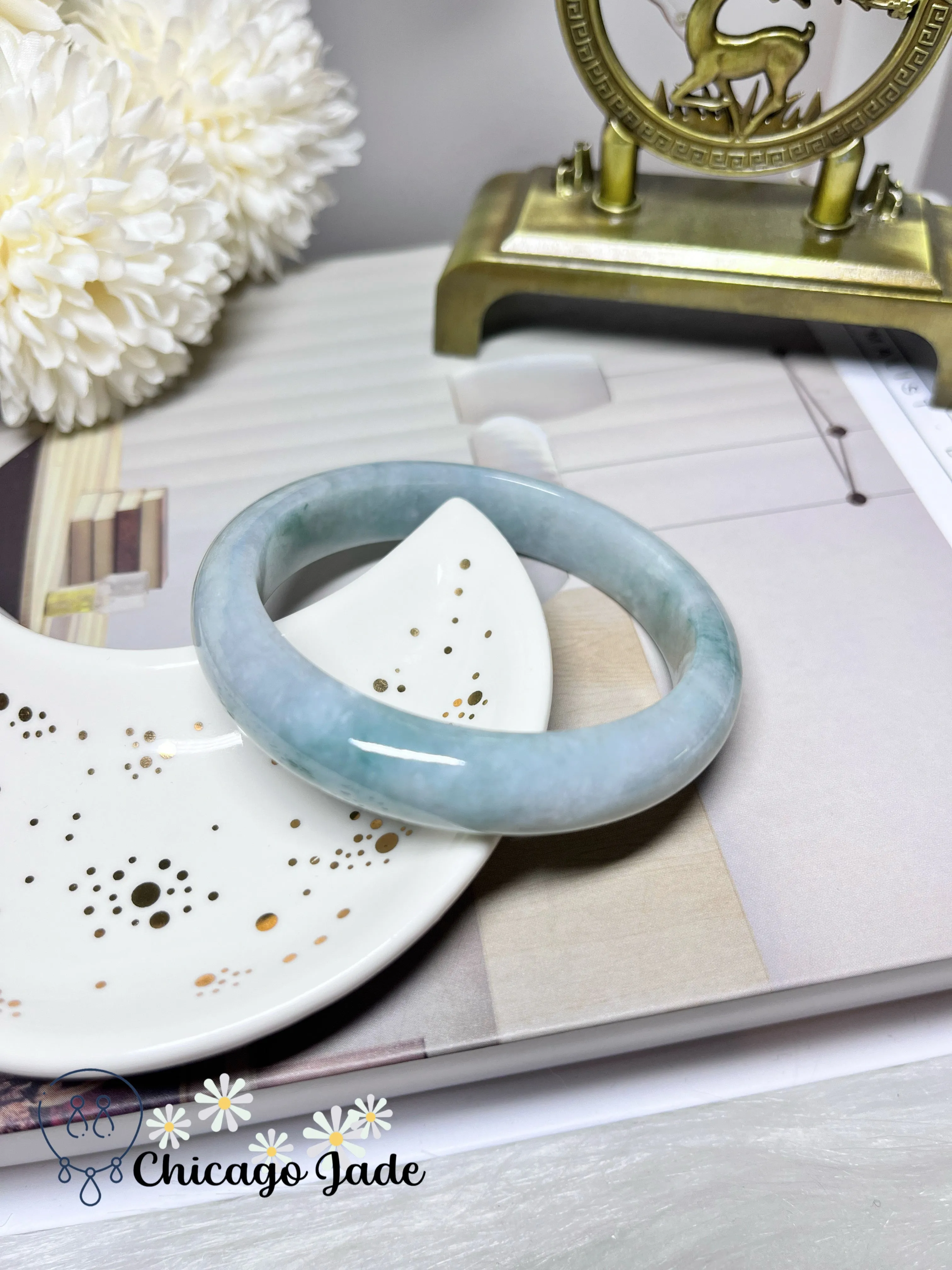 56mm Size M Perfect Apple Green No Cracks or Chips Full Green Natural Jadeite Jade Feicui Bangle Bracelet Handmade Gift