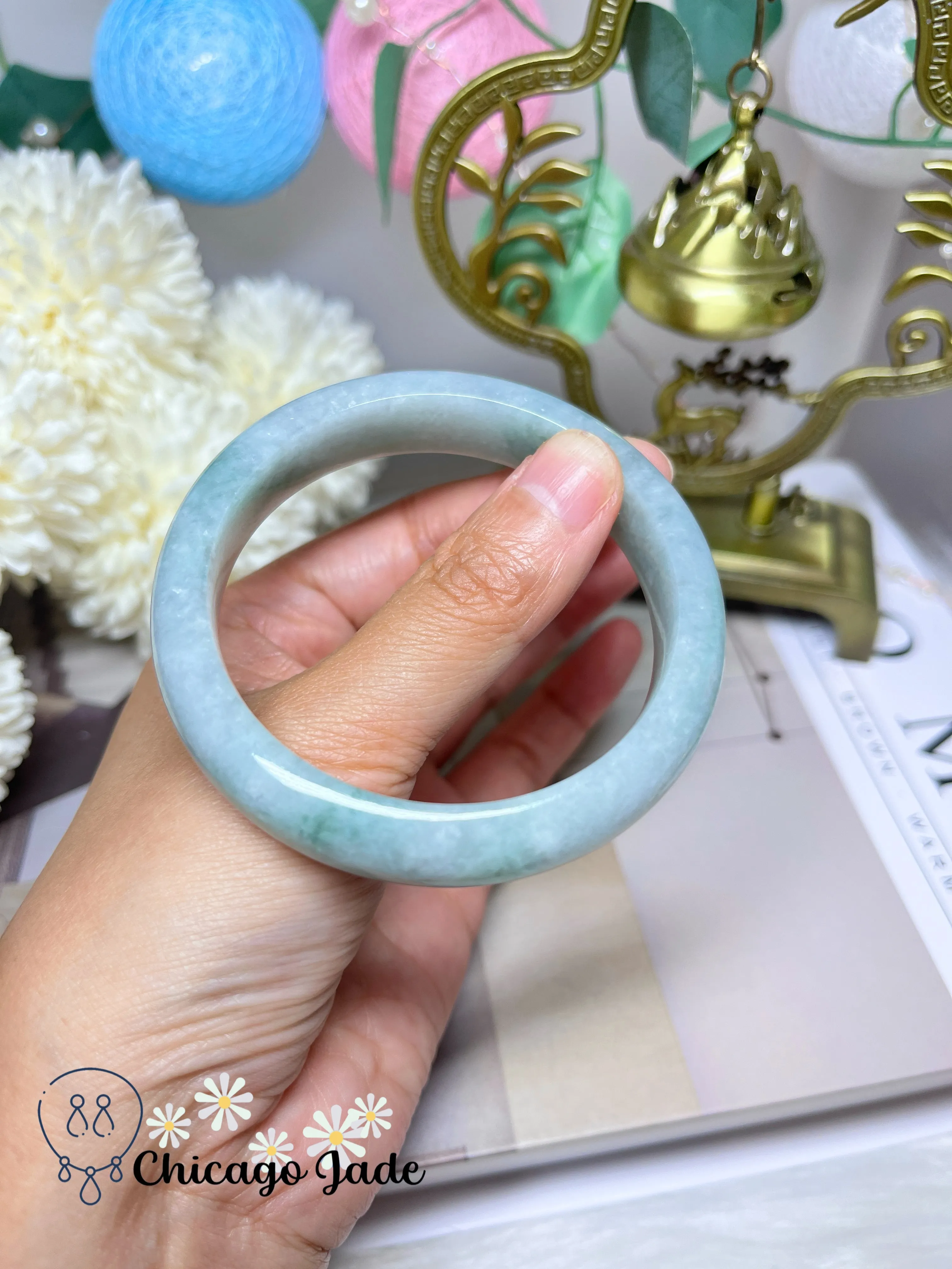 56mm Size M Perfect Apple Green No Cracks or Chips Full Green Natural Jadeite Jade Feicui Bangle Bracelet Handmade Gift