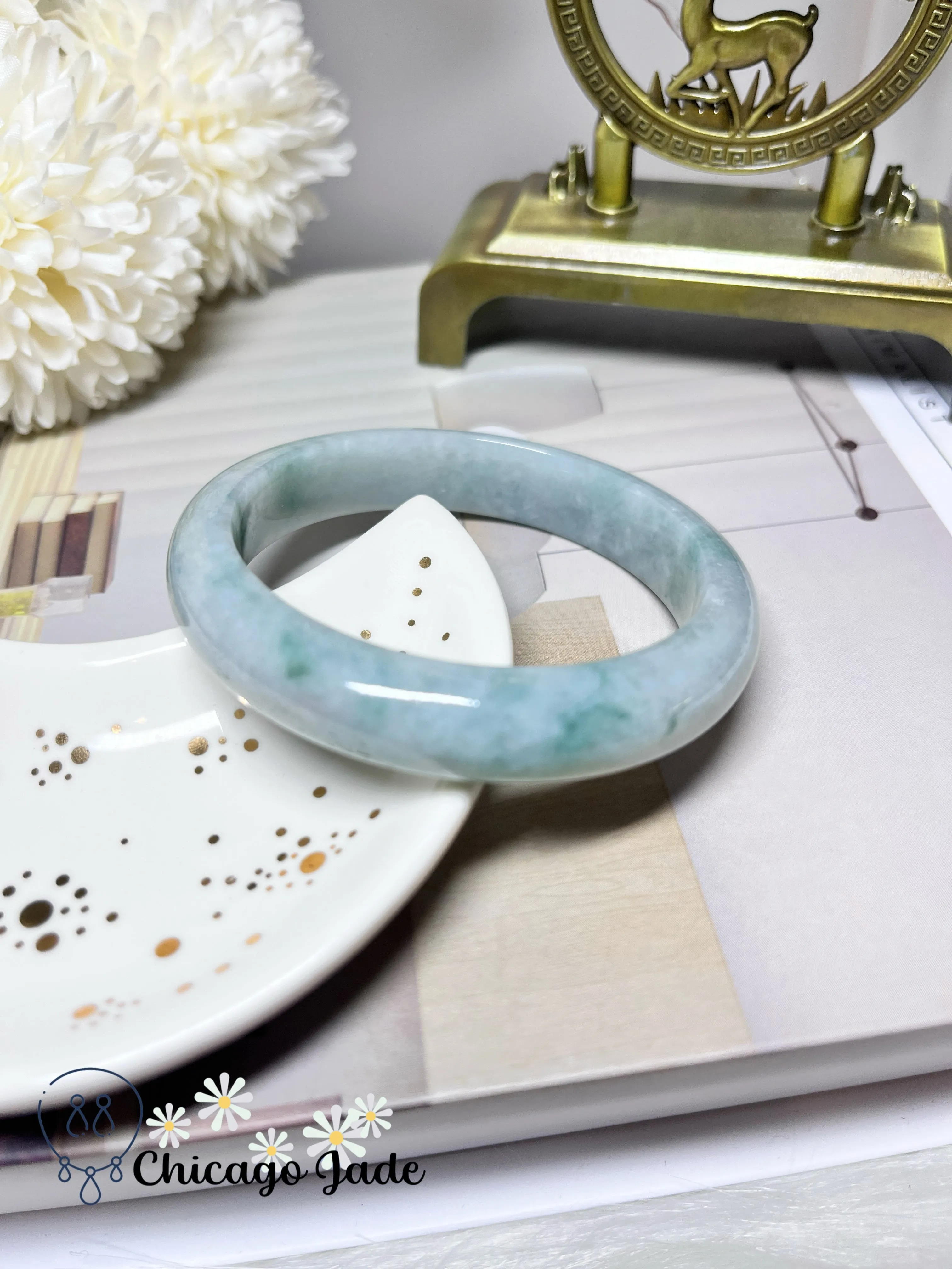 56mm Size M Perfect Apple Green No Cracks or Chips Full Green Natural Jadeite Jade Feicui Bangle Bracelet Handmade Gift