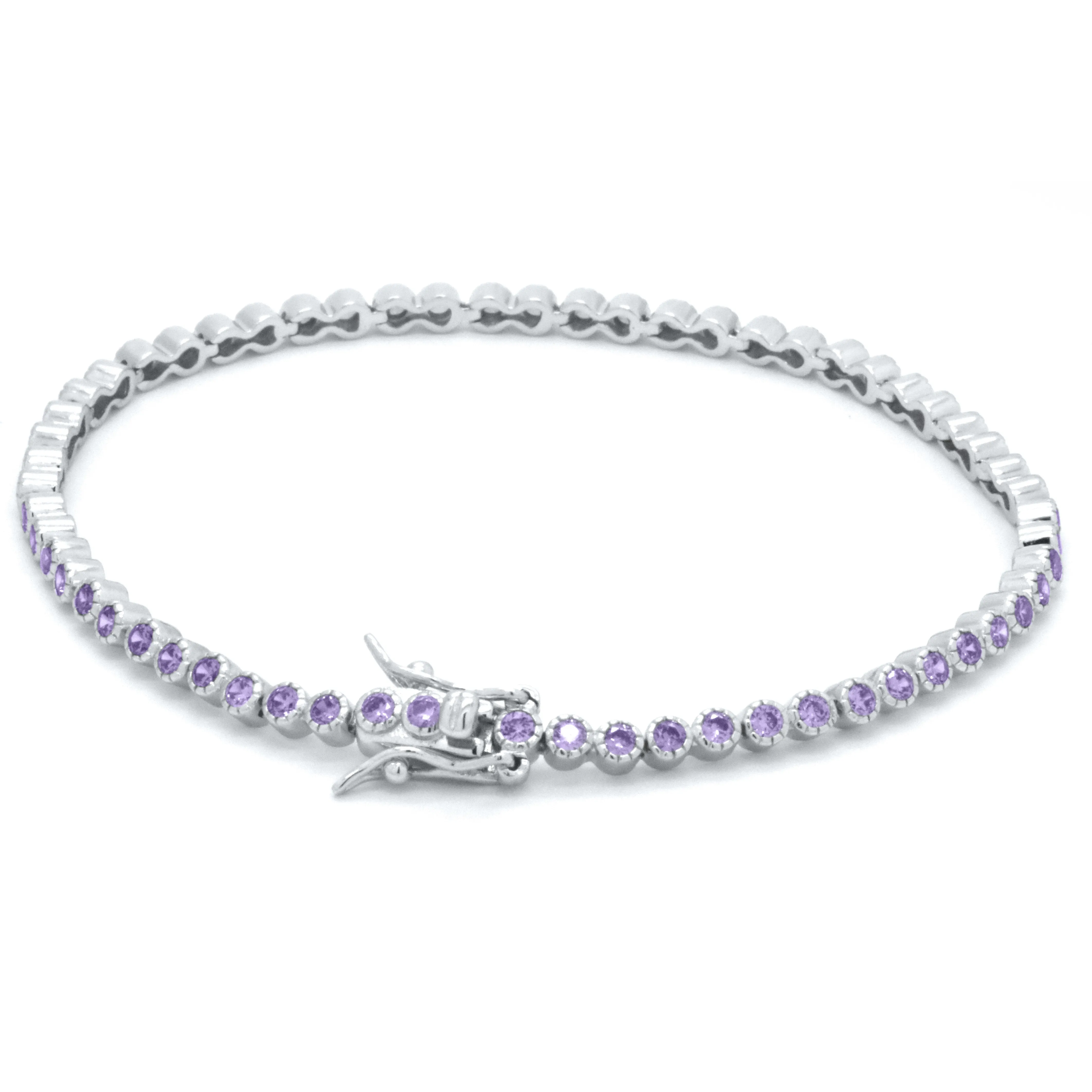 925 Sterling Silver Purple Amethyst Dainty Tennis Milgrain Bracelet