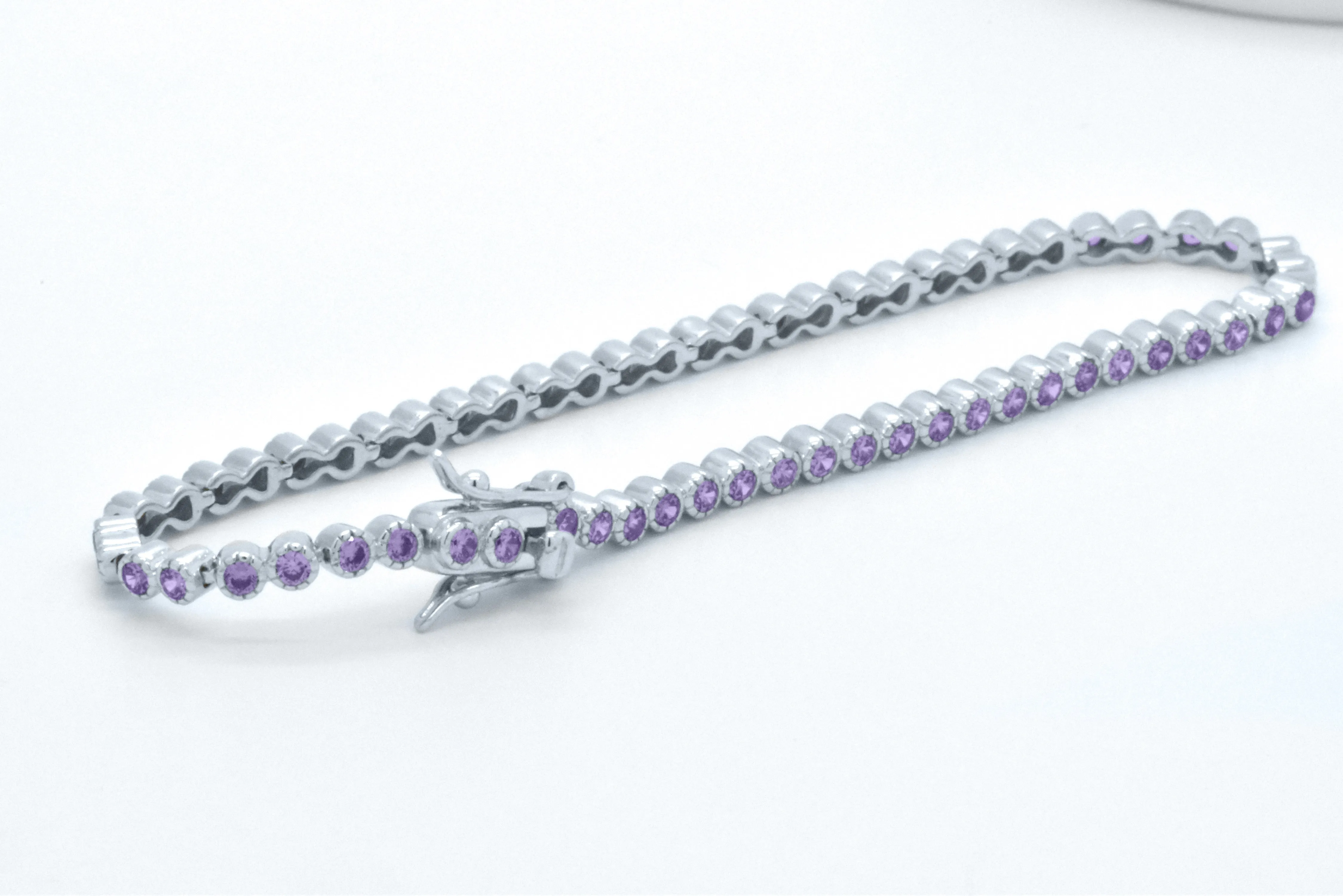 925 Sterling Silver Purple Amethyst Dainty Tennis Milgrain Bracelet