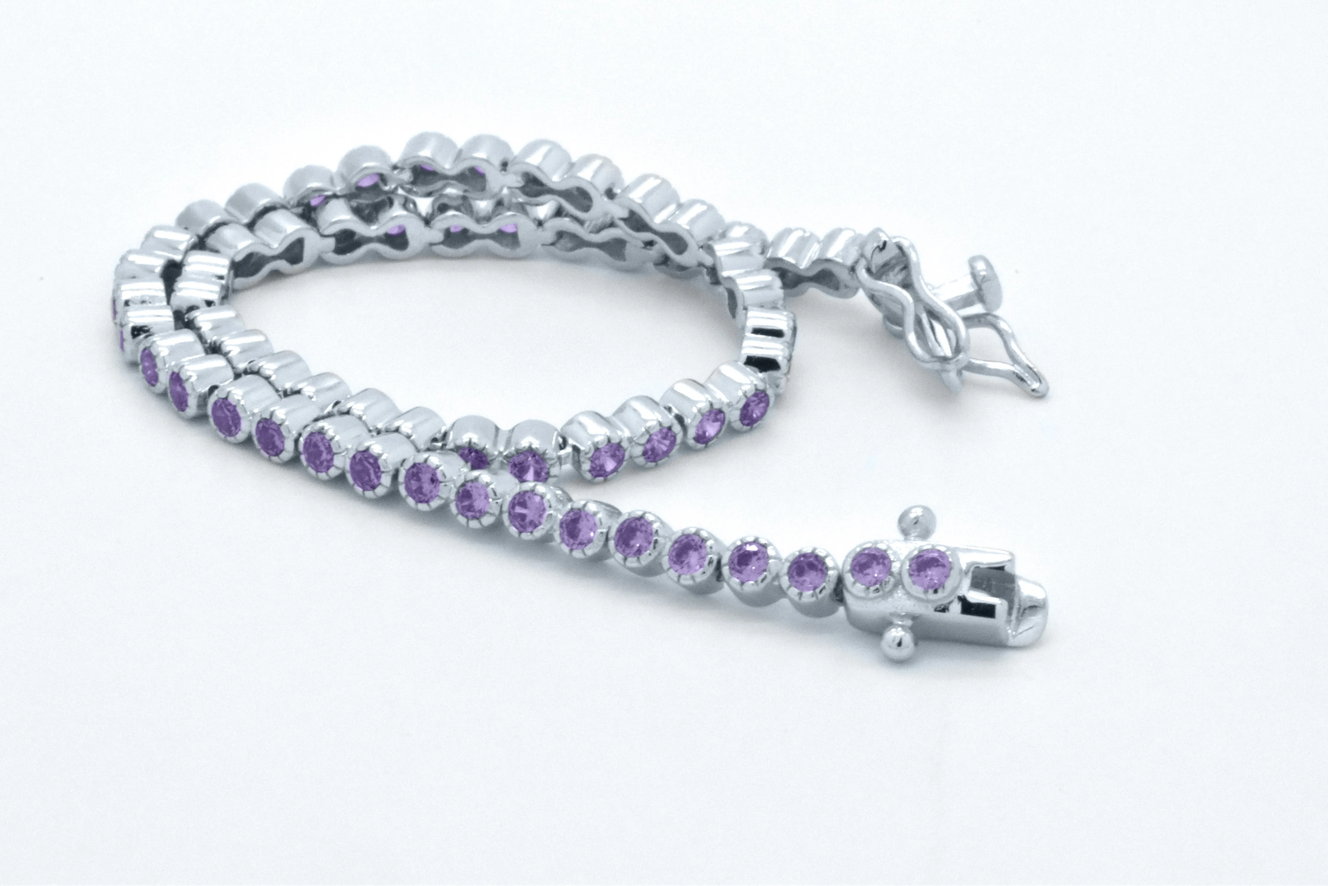 925 Sterling Silver Purple Amethyst Dainty Tennis Milgrain Bracelet