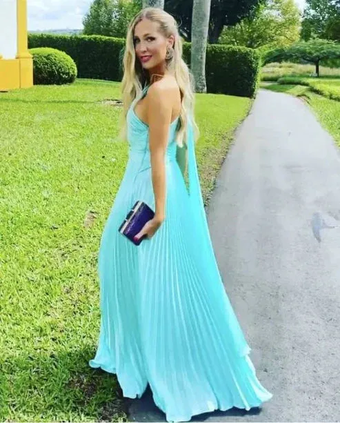 Blue One Shoulder A-Line Pleated Long Party Dress Evening Dress Charming Formal Dress Wholesale