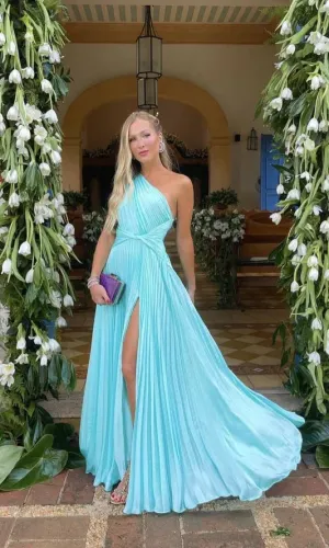 Blue One Shoulder A-Line Pleated Long Party Dress Evening Dress Charming Formal Dress Wholesale