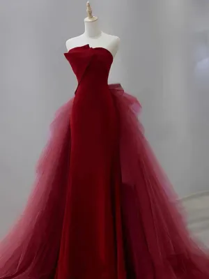 Burgundy Strapless Mermaid Tulle Formal Prom Dress Off Shoulder Floor Length Charming Evening Dress Wholesale