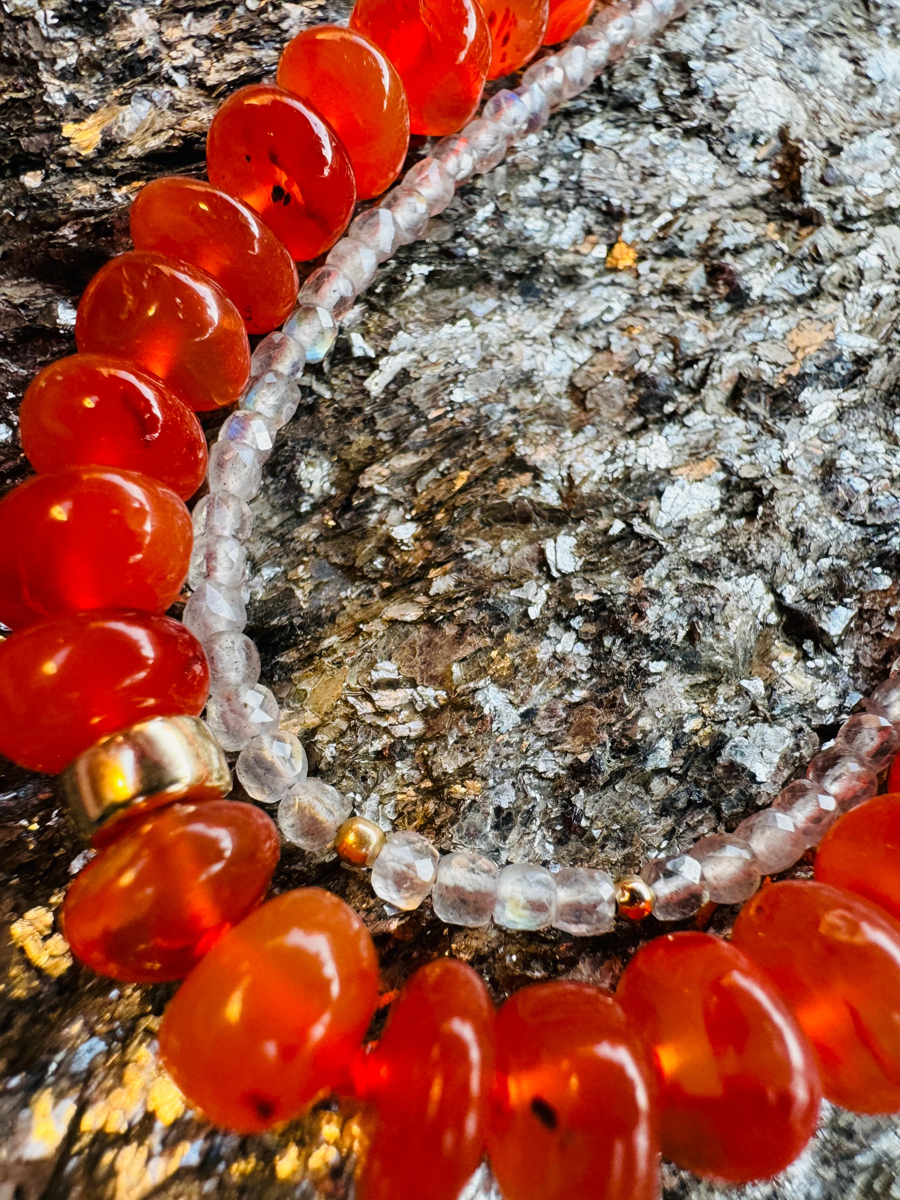Carnelian Silk Hand Knotted Necklace with Gold Bead Accents