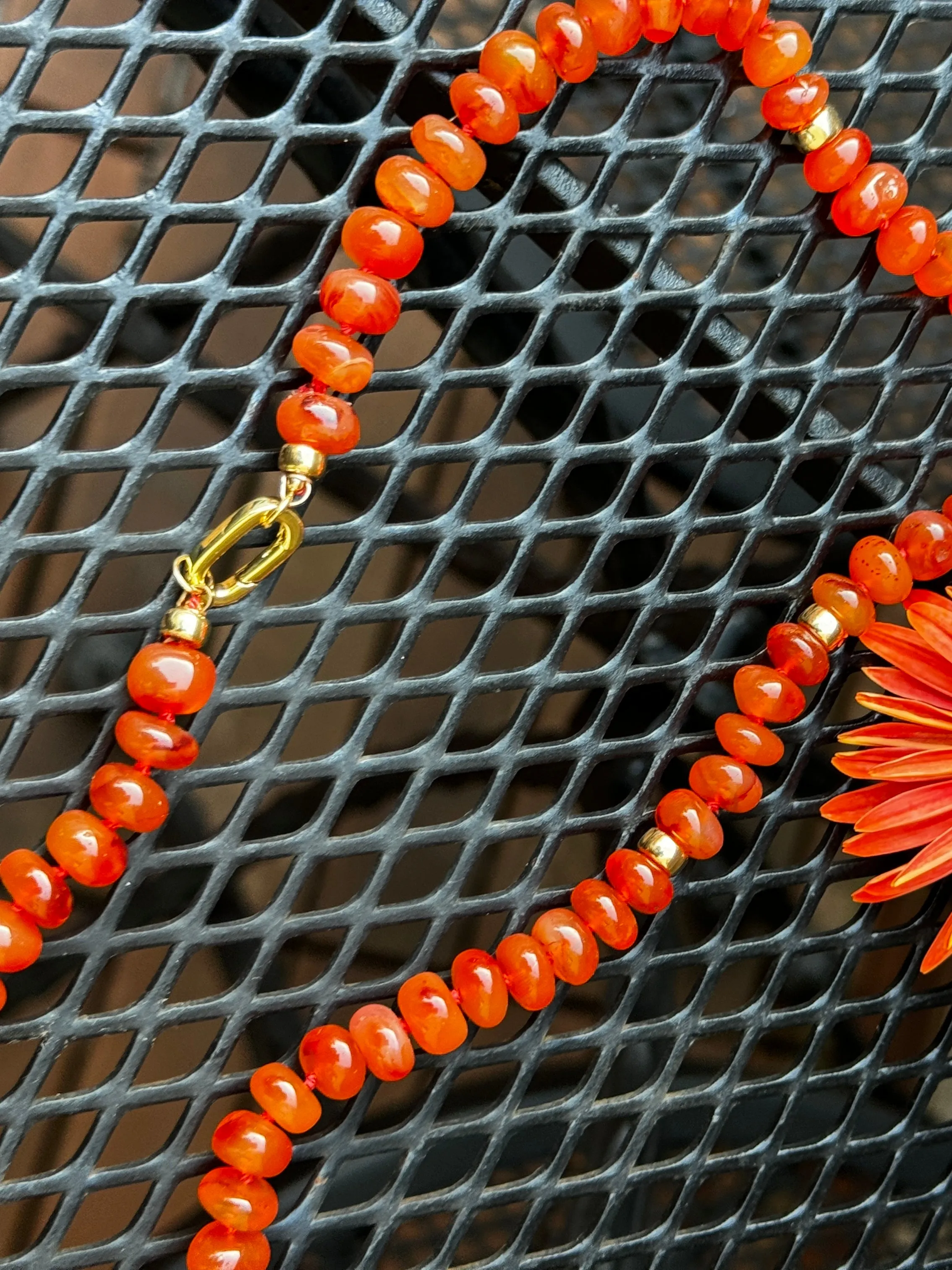 Carnelian Silk Hand Knotted Necklace with Gold Bead Accents