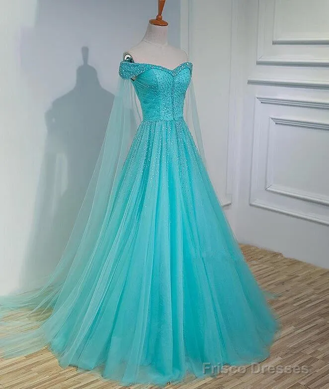 Charming Blue Beaded Sweetheart Tulle Long Party Gown, Quinceanera Dress