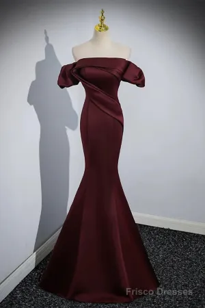 Charming Maroon Satin Mermaid Off Shoulder Prom Dress, Maroon Party Dress