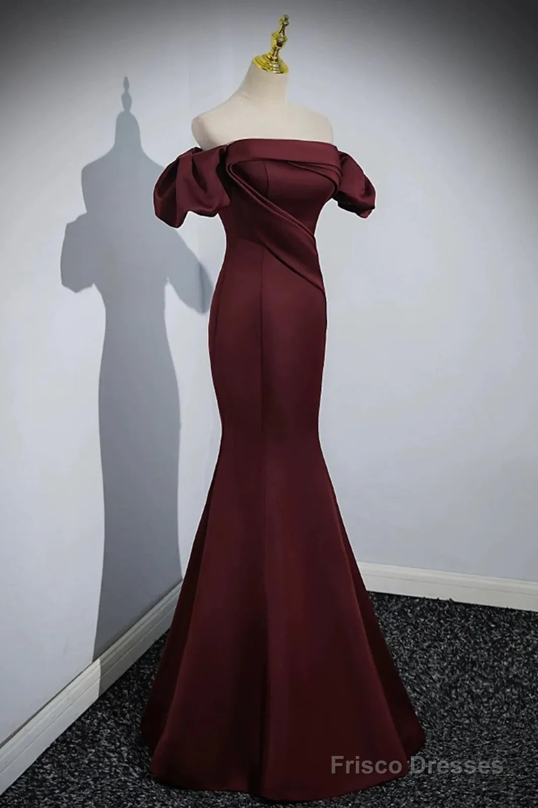 Charming Maroon Satin Mermaid Off Shoulder Prom Dress, Maroon Party Dress