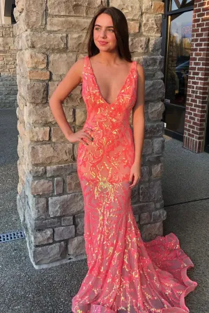 Charming Mermaid Deep V Neck Orange Sequin Lace Long Prom Dress