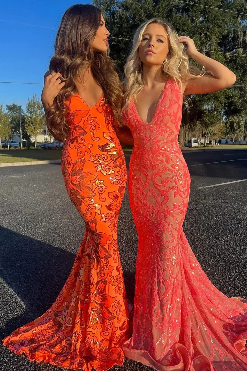 Charming Mermaid Deep V Neck Orange Sequin Lace Long Prom Dress