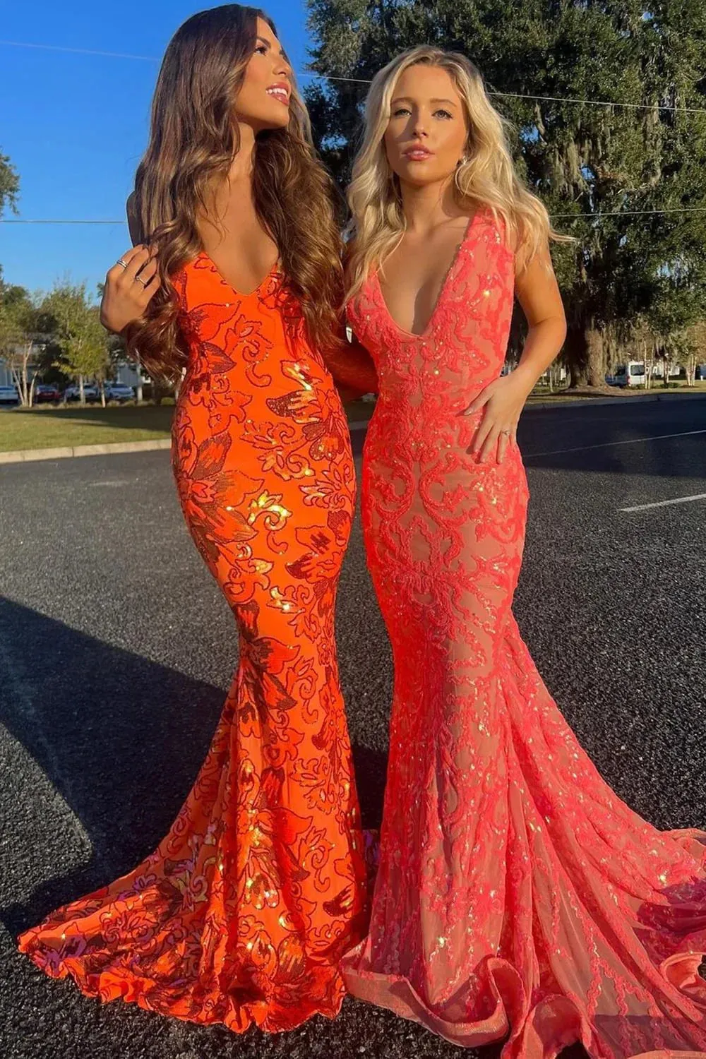 Charming Mermaid Deep V Neck Orange Sequin Lace Long Prom Dress