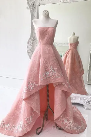 Charming Modest Pink A Line High Low Strapless Zipper Back Prom Dresses