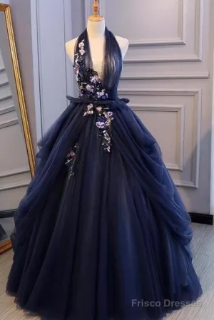 Charming Navy Blue Halter Tulle Party Dress With Flower Applique, Blue Gown