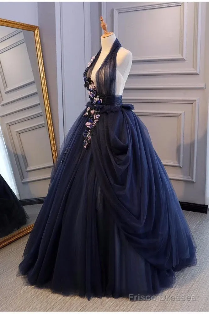 Charming Navy Blue Halter Tulle Party Dress With Flower Applique, Blue Gown