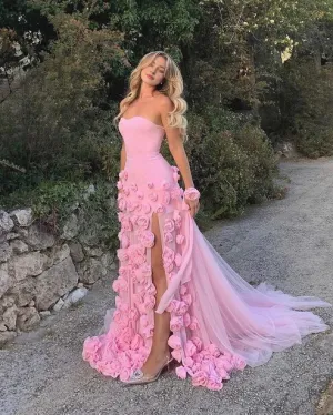 Charming Pink Strapless 3D Flower Tulle Mermaid Long Prom Dress With Slit