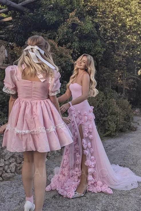 Charming Pink Strapless 3D Flower Tulle Mermaid Long Prom Dress With Slit