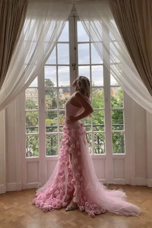 Charming Pink Strapless 3D Flower Tulle Mermaid Long Prom Dress With Slit
