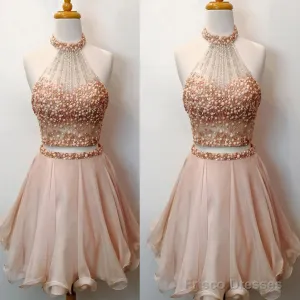 Charming Two Pieces Bare-Midriff Rhinestones Sparkly Halter Pink Cute Homecoming Dresses