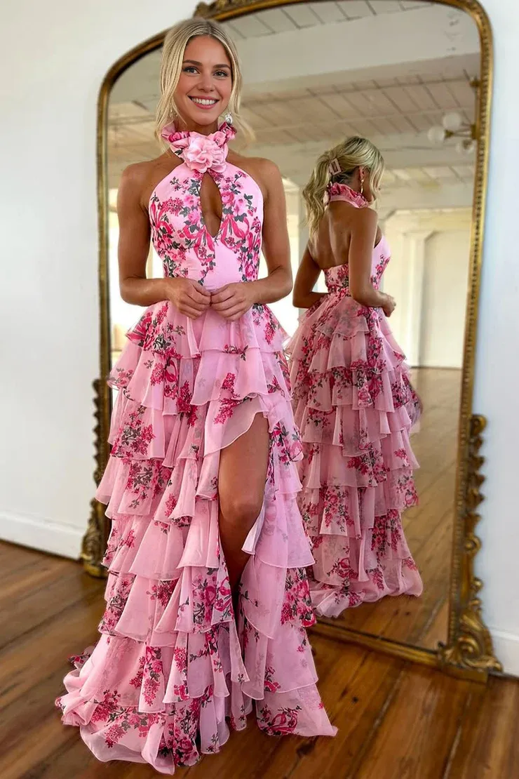 Cute Sheath Halter Floral Printed Chiffon Tiered Prom Dress with Slit Charming Evening Party Dress