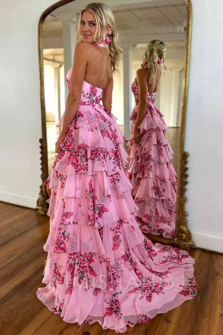 Cute Sheath Halter Floral Printed Chiffon Tiered Prom Dress with Slit Charming Evening Party Dress