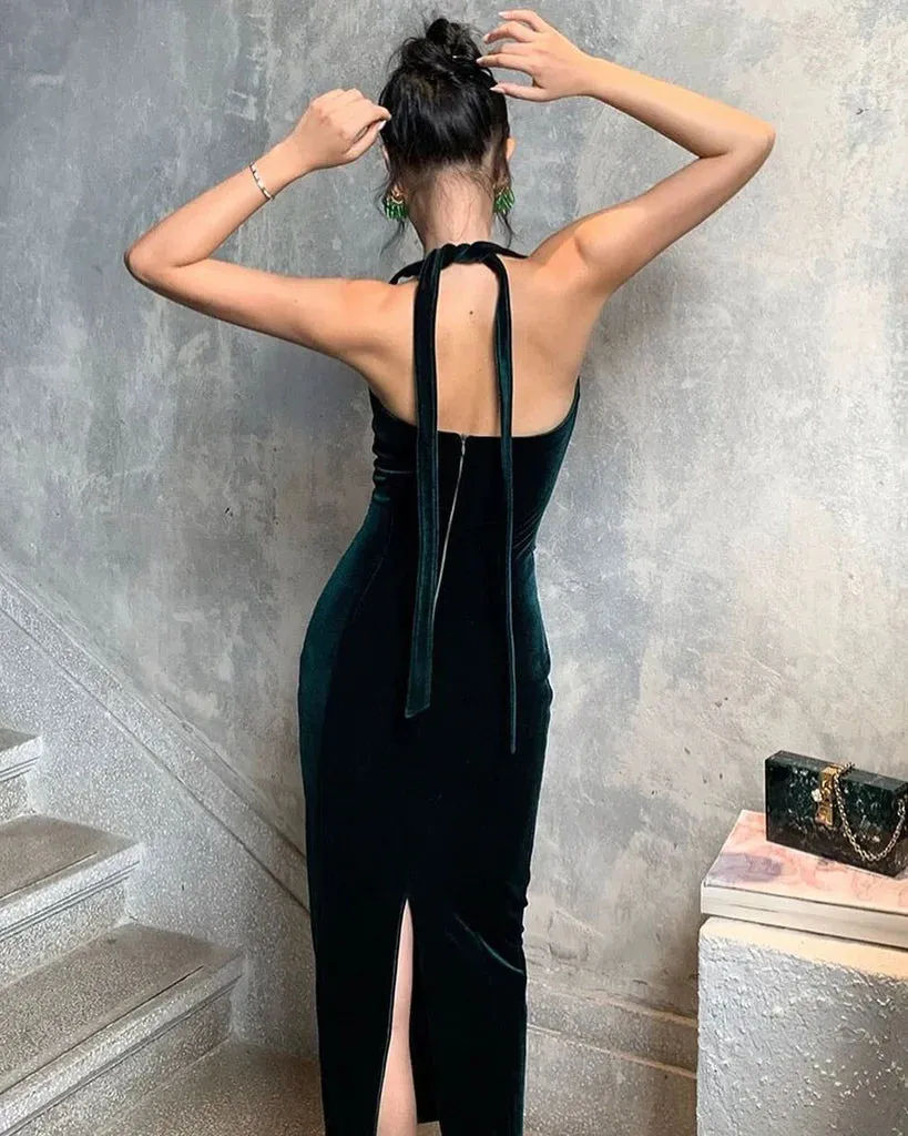 Dark Green Halter Velvet Prom Dress Formal Party Dress Charming Evening Dress