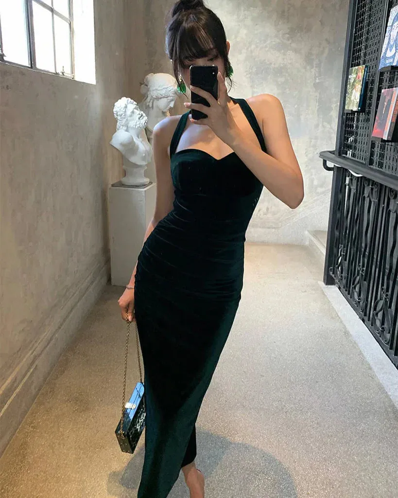 Dark Green Halter Velvet Prom Dress Formal Party Dress Charming Evening Dress