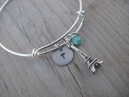 Eiffel Tower Charm Bracelet with an Initial Charm and Accent Bead in your choice of colors
