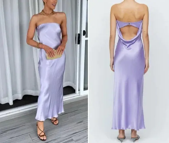 Elegant Lilac Strapless Satin Simple Party Dress Off Shoulder Charming Evening Dress Wholesale