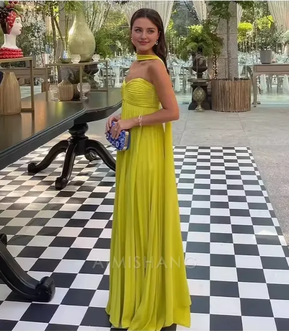 Elegant Long Prom Dress Women Sexy Sleeveless Pleated Charming Evening Party Dress