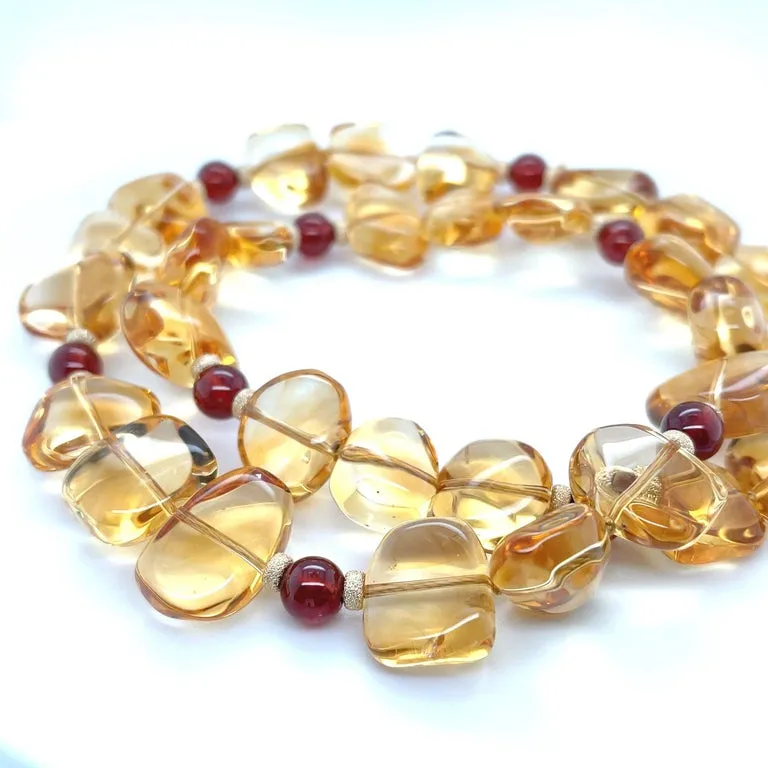 Freeform Citrine and Round Garnet Bead Necklace with Yellow Gold Accents