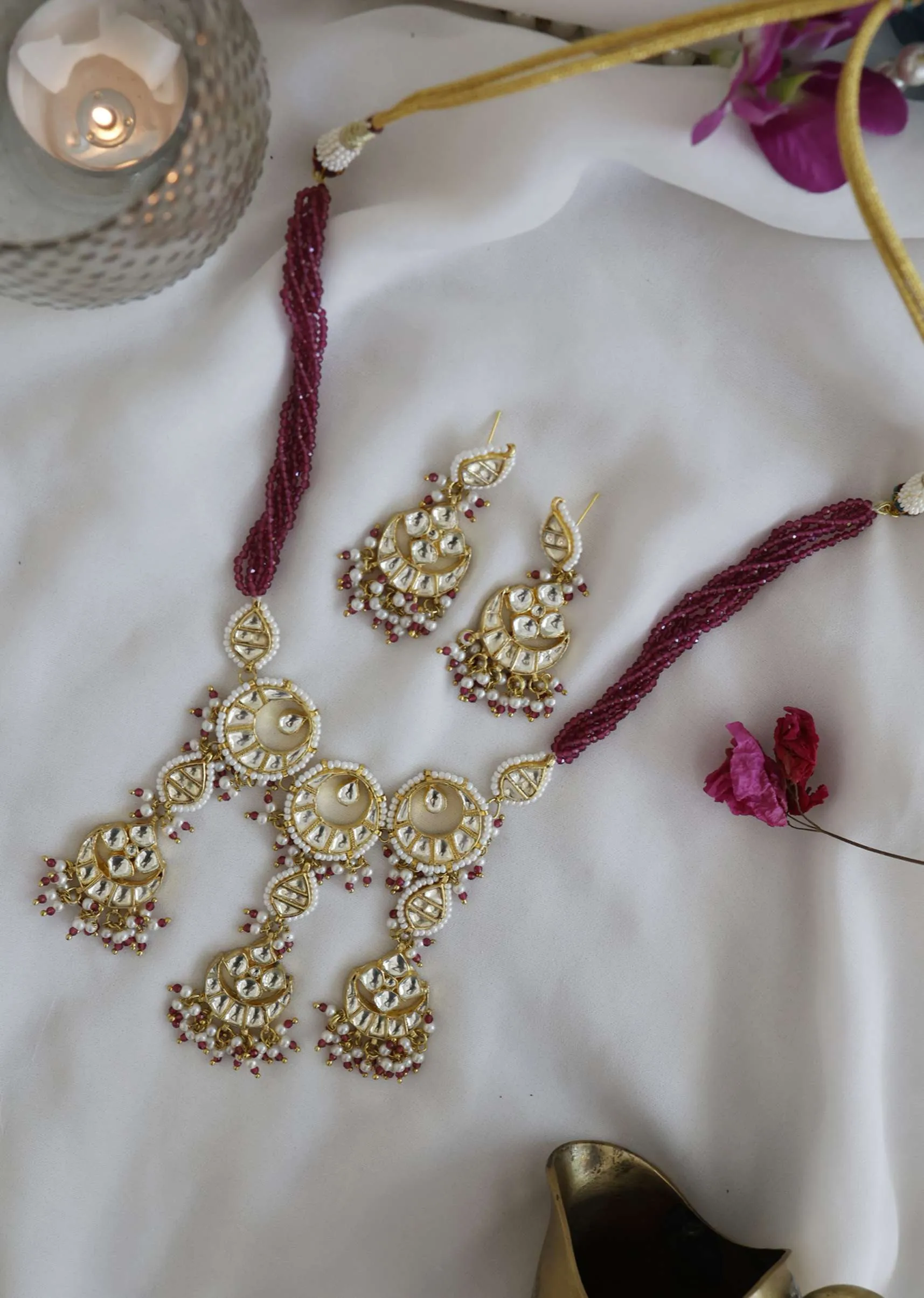 Gold Plated Pink Kundan Necklace And Earring Set In Silver Alloy