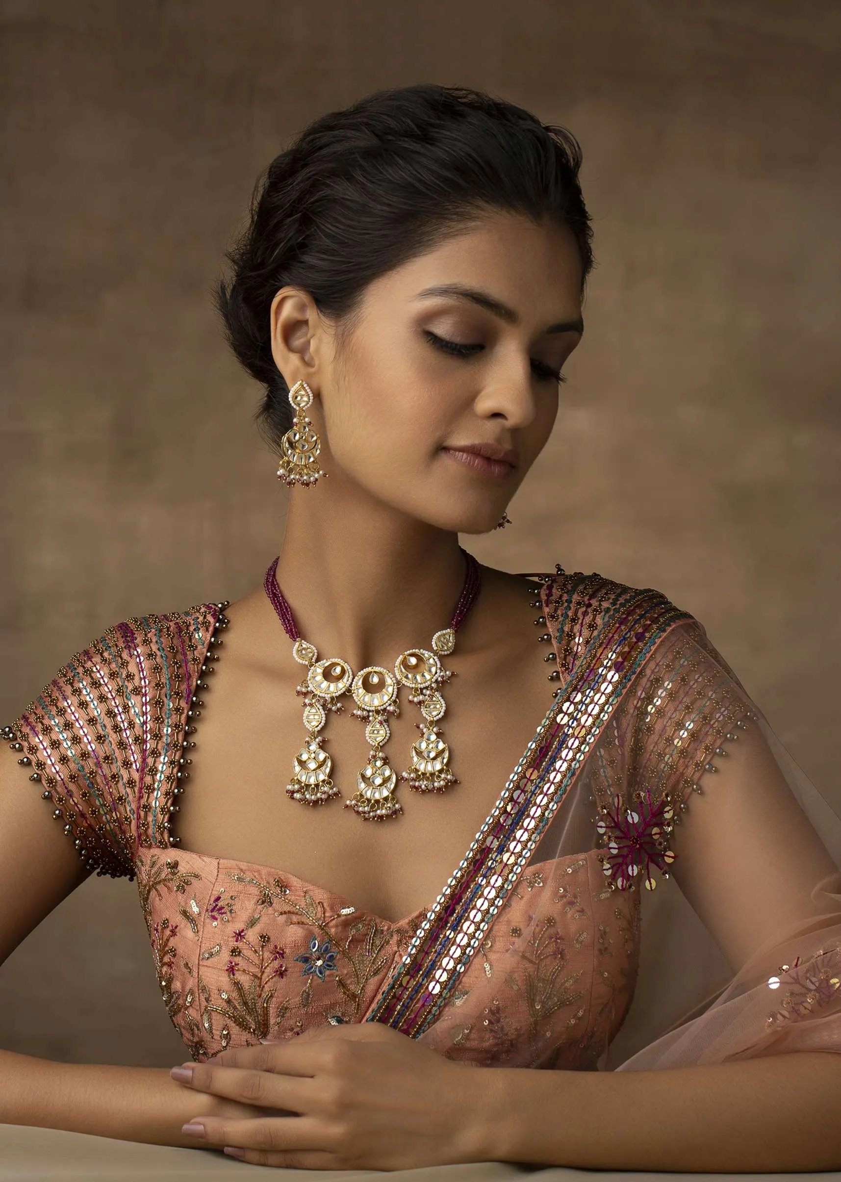 Gold Plated Pink Kundan Necklace And Earring Set In Silver Alloy