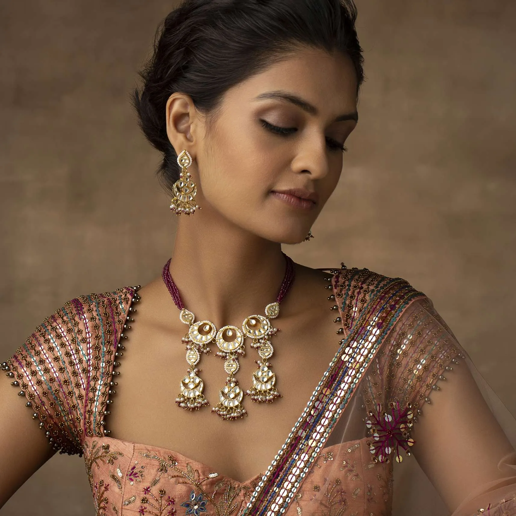 Gold Plated Pink Kundan Necklace And Earring Set In Silver Alloy