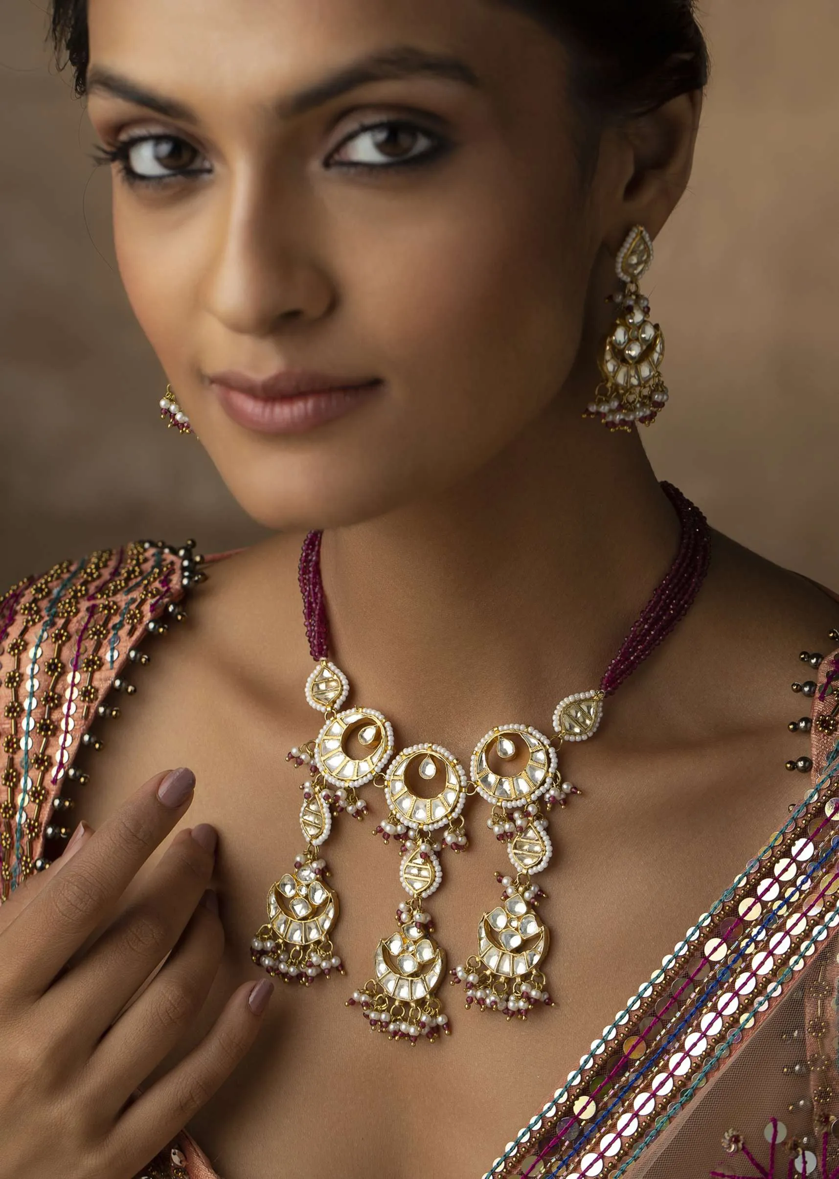 Gold Plated Pink Kundan Necklace And Earring Set In Silver Alloy