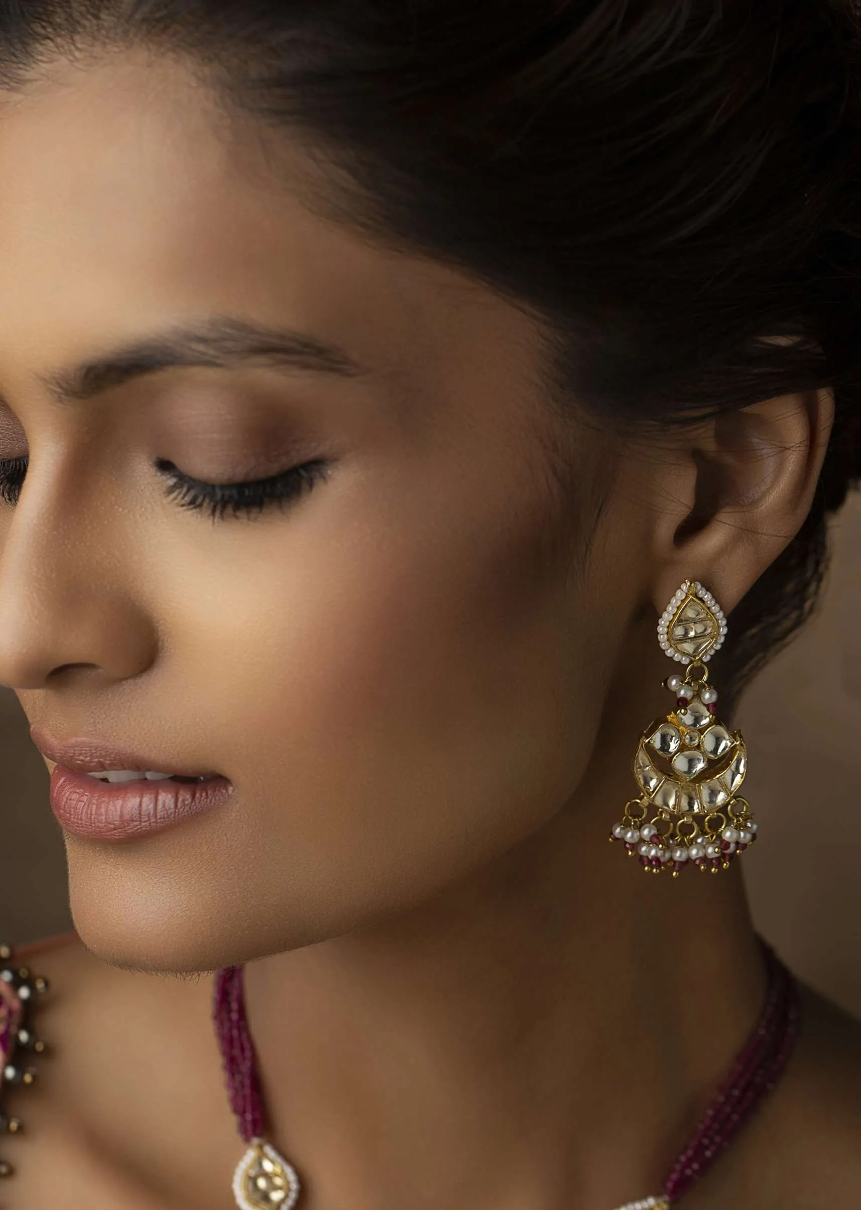 Gold Plated Pink Kundan Necklace And Earring Set In Silver Alloy
