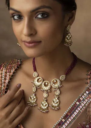 Gold Plated Pink Kundan Necklace And Earring Set In Silver Alloy