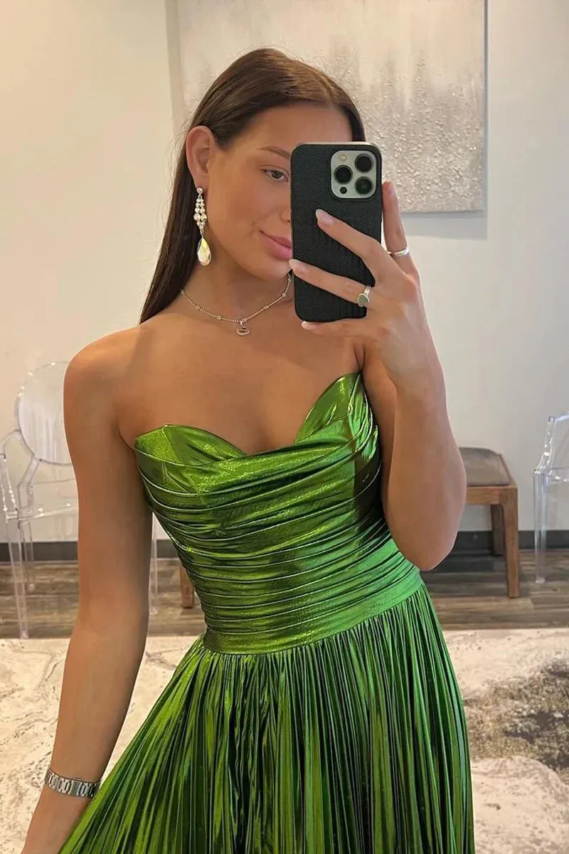 Green Strapless Pleated A-Line Long Prom Dresses Charming Evening Party Dress