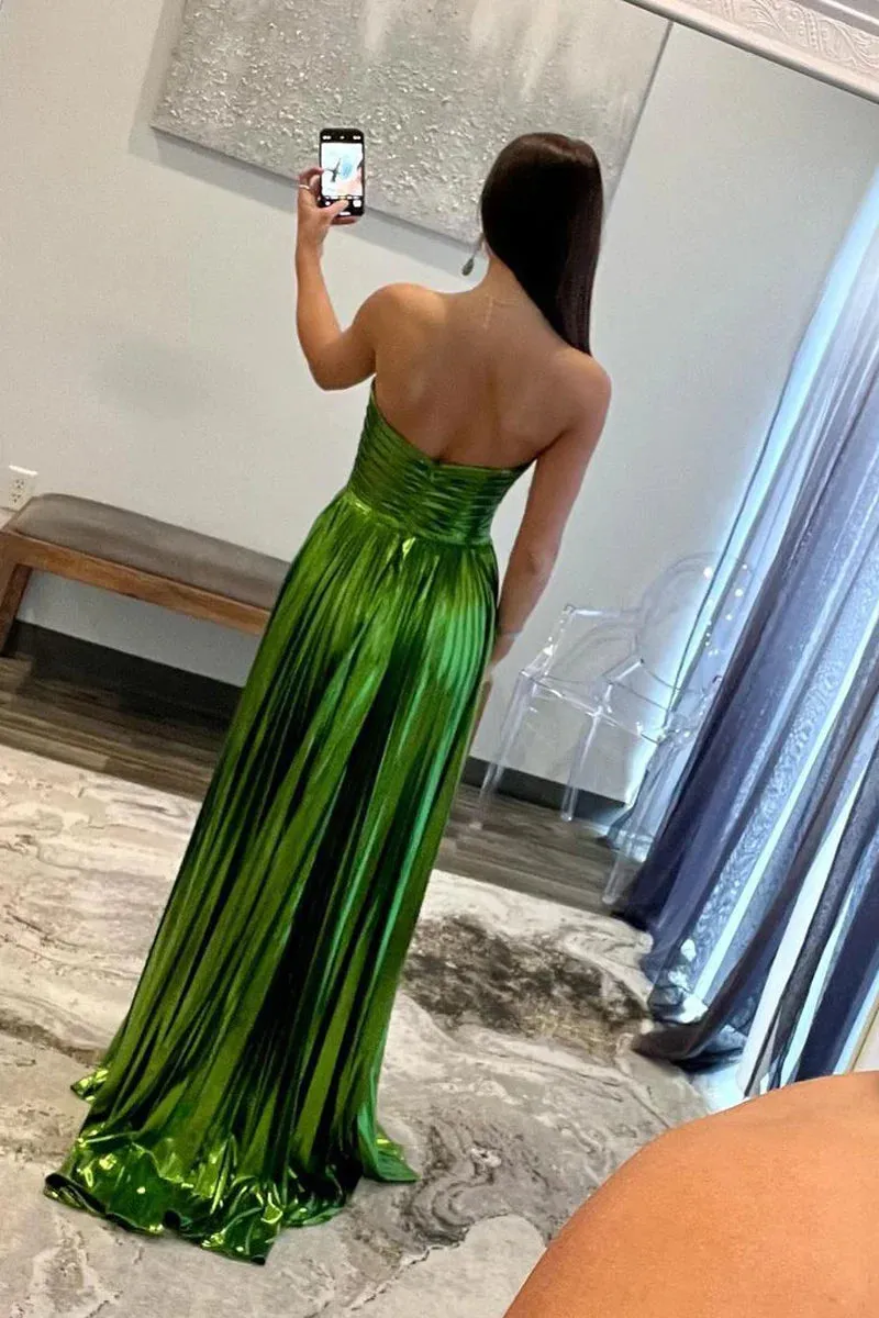 Green Strapless Pleated A-Line Long Prom Dresses Charming Evening Party Dress