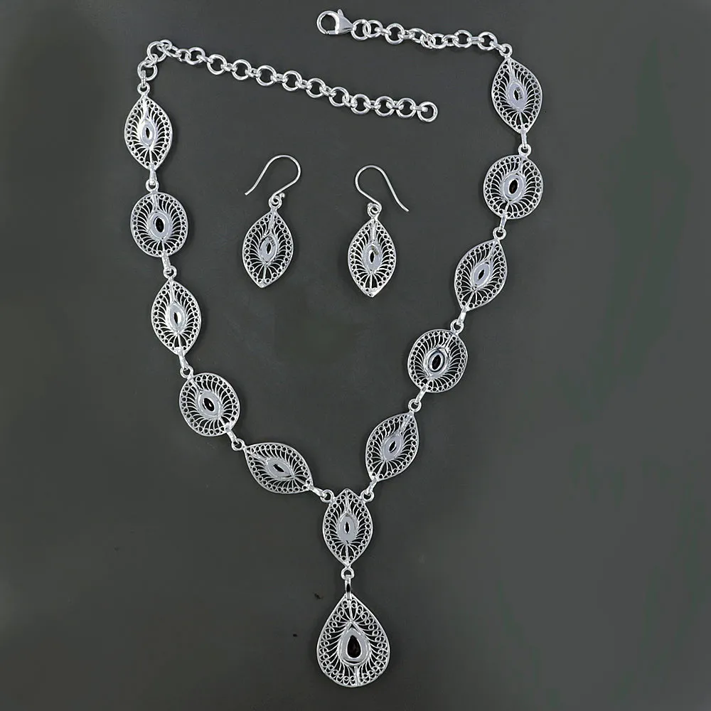 Natural Blue Topaz Filigree Necklace Jewelry Set